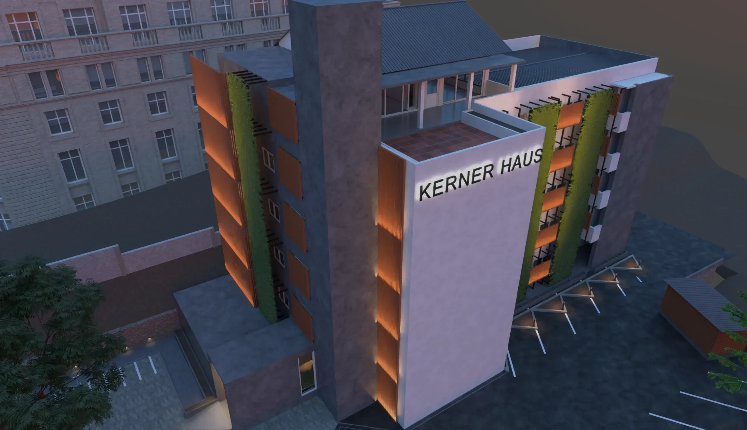An elevated dusk view of the Kerner Haus complex in Colombo