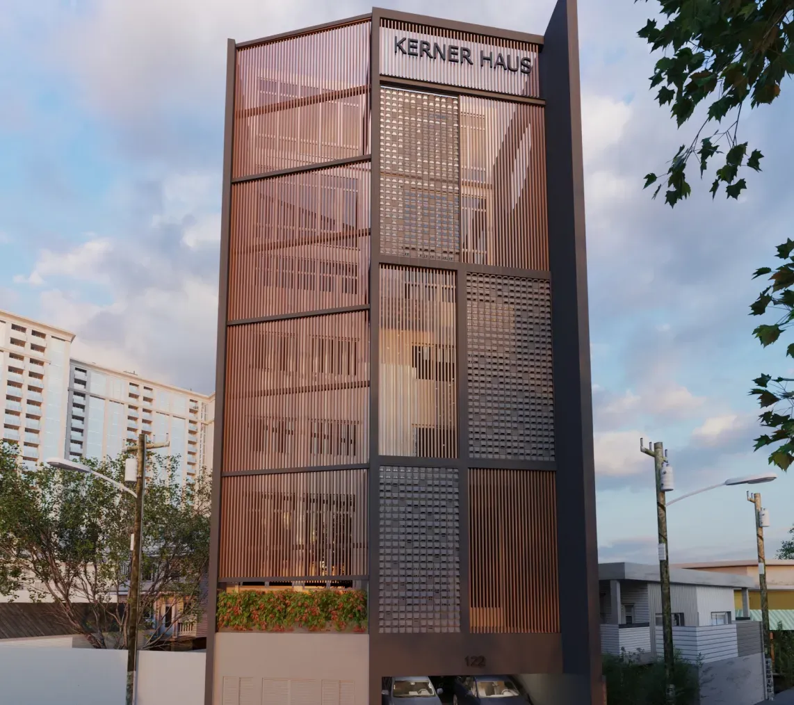 The Kerner Haus Kew Road building, a striking timber-louvre tower