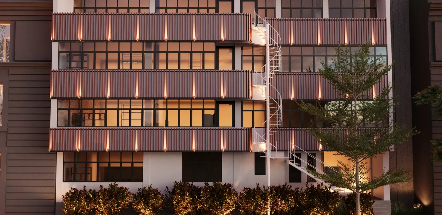 Close detail of the Kerner Haus timber-louvre facade